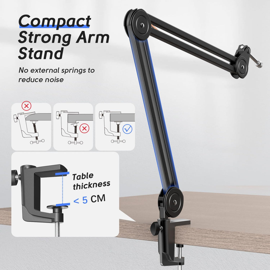 FIFINE Mikrofon Arm, Einstellbarer Mikrofon Ständer, 3/8" bis 5/8" Adapter, Mikrofonclip, DREI Kabel