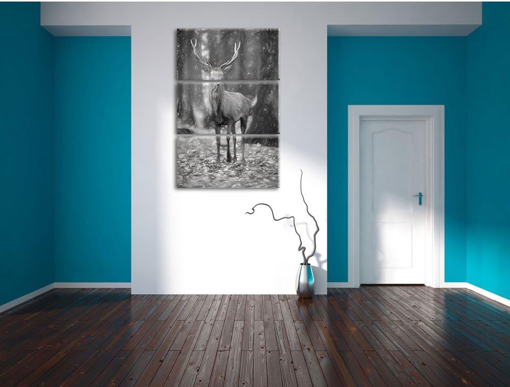 Pixxprint Schöner Hirsch im Wald als Leinwandbild/Grösse: 3 Teilig (120x80) cm/Wandbild/Kunstdruck/f