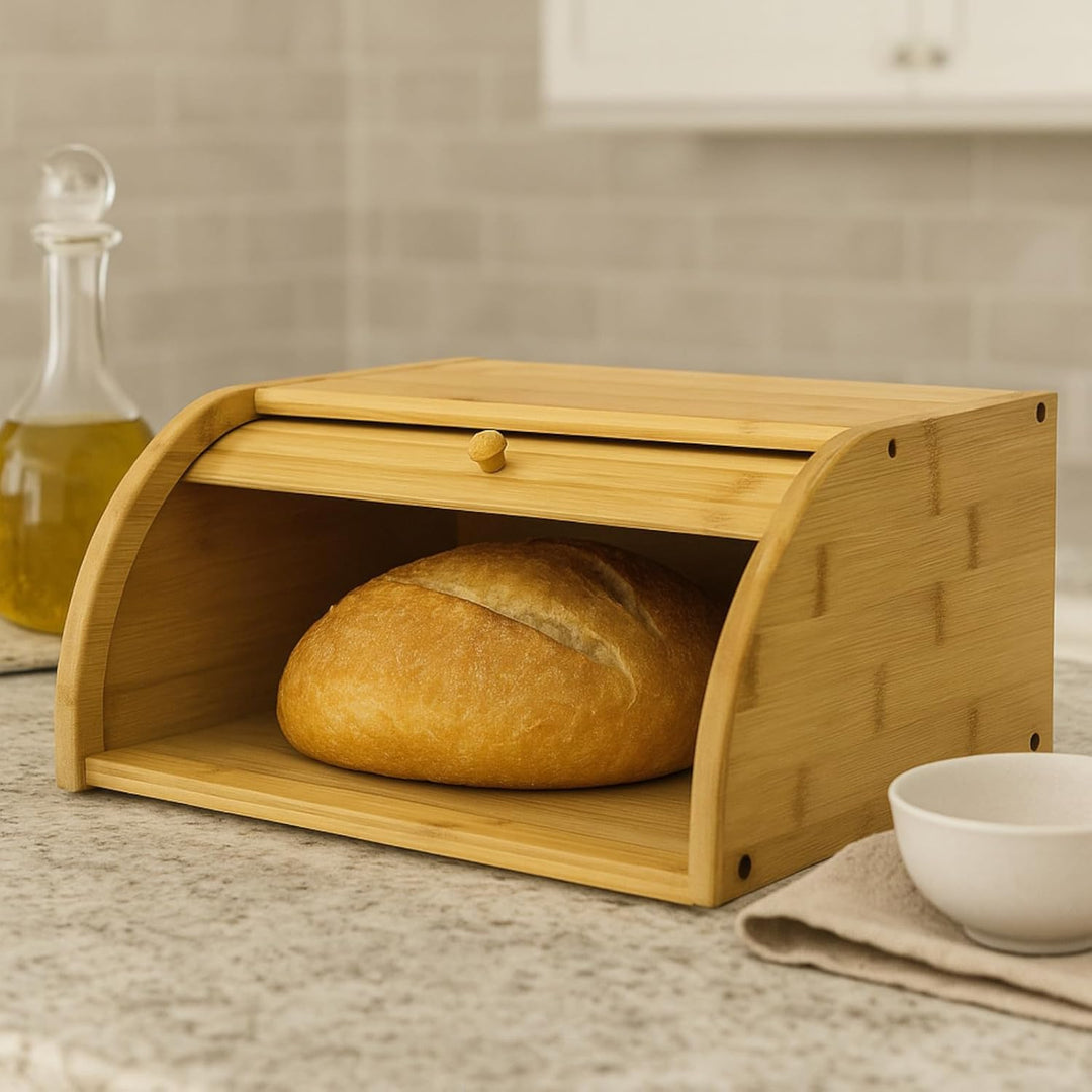 Brotkasten 40,5 cm aus Bambus, Rollbrotkasten mit Klappdeckel, Brotdose für Küche und Arbeitsplatte,
