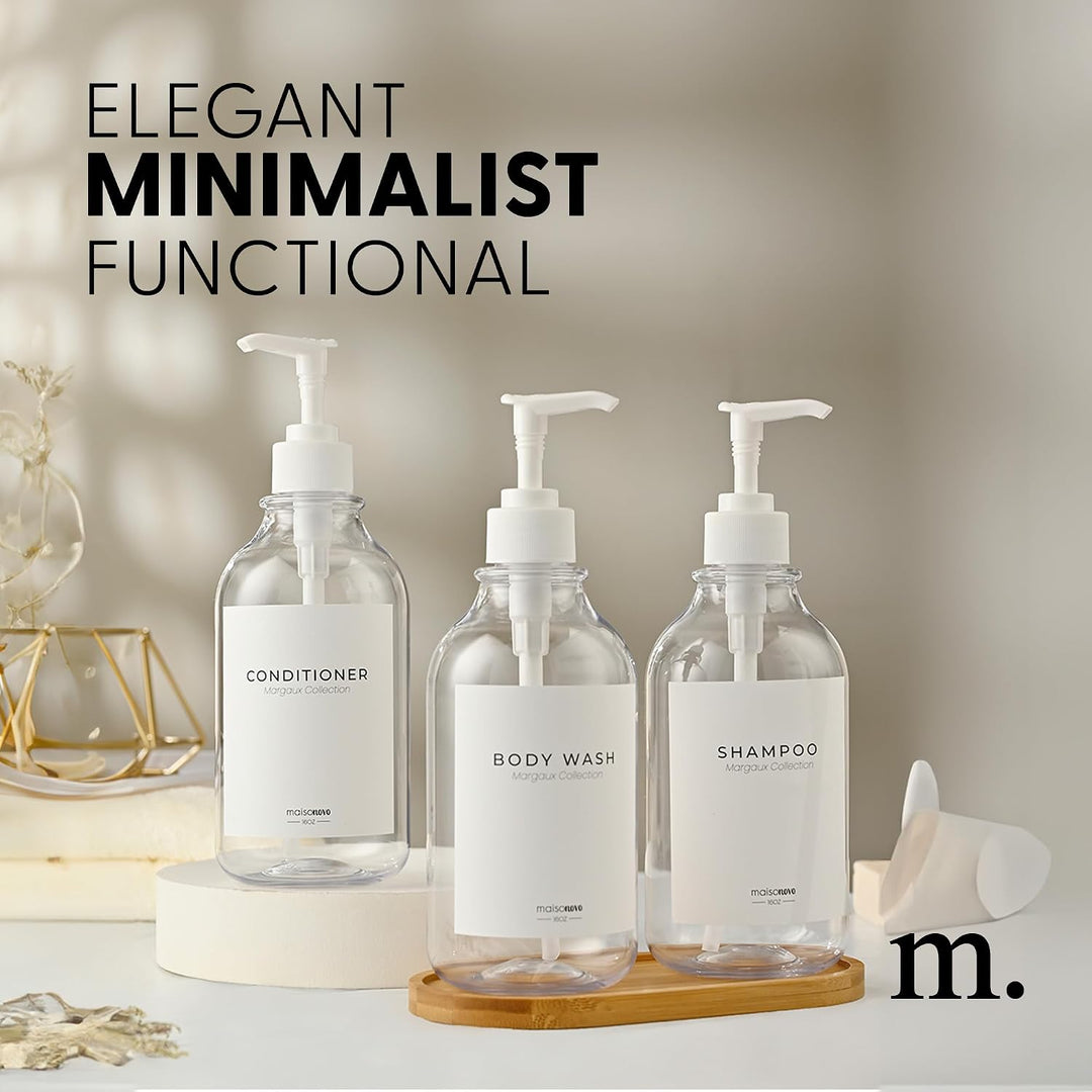 MaisoNovo Nachfüllbare Shampoo und Conditioner Flaschen | 500 ml Satz von 3 klaren Kunststoff-Flasch
