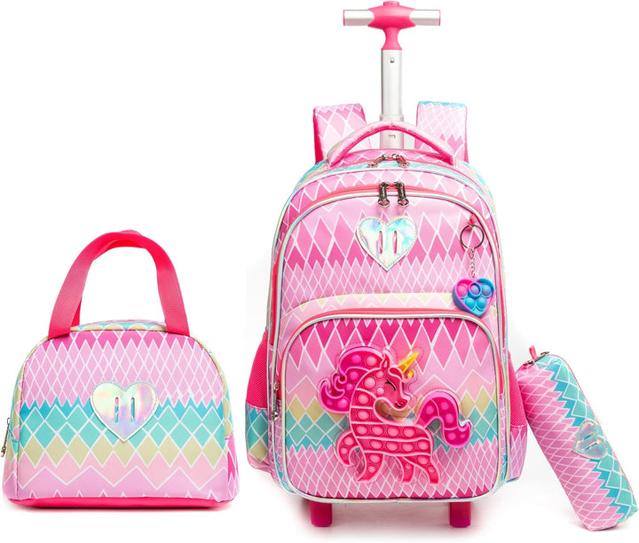 HTgroce Rollrucksack Schulranzen mit Rollen 1. klasse für Mädchen Pop it Rucksack Zoll Set 3 in 1 mi