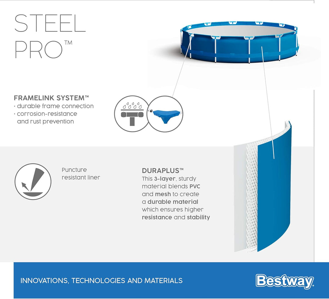 Bestway Steel Pro Frame Pool Set, rund, mit Filterpumpe 366 x 76 cm, 56681, Blau, Ø 366 x 76 cm