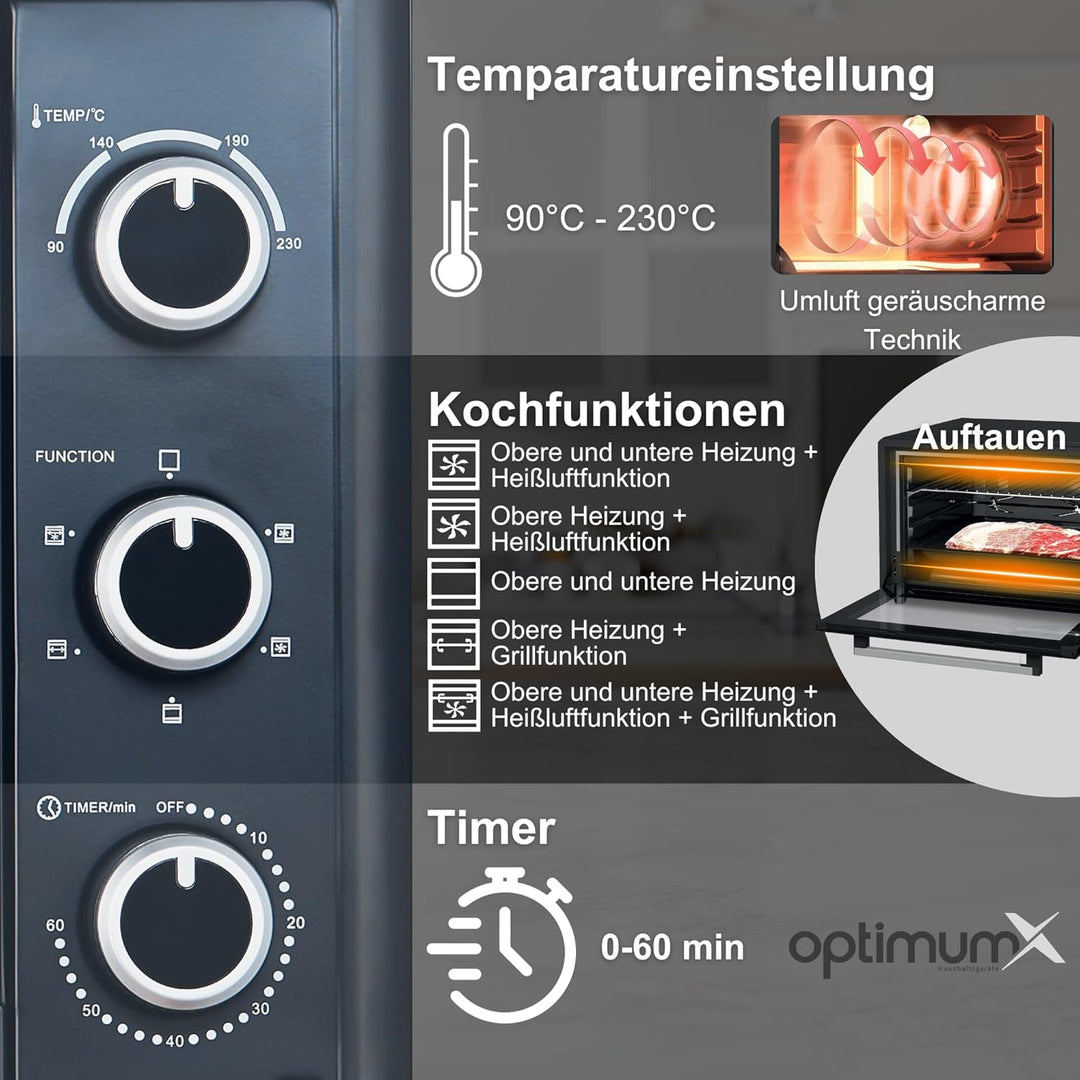OptimumX Minibackofen 60 Liter XXL mit Umluft, 2200W, Drehspiess, Anthrazit, 60 Liter