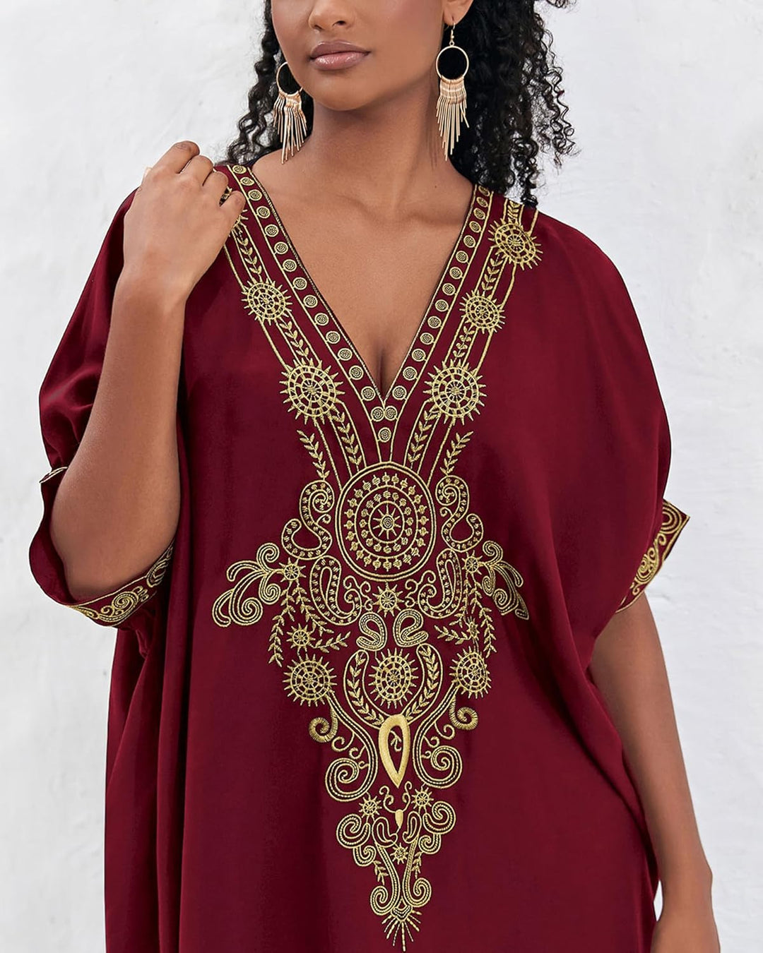 Bsubseach Damen Stickerei Kurzarm Bikini Strandkleid Side Split Beach Kaftan Kleid L-maroon, L-maroo