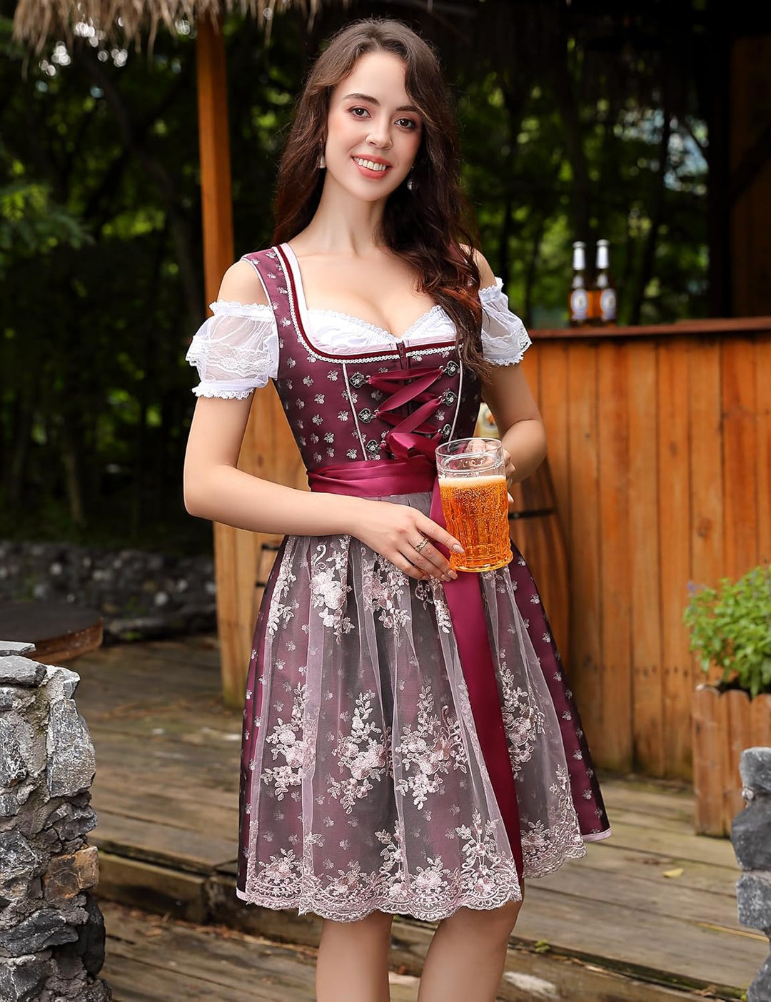 Clearlove Dirndl Damen Midi Trachtenkleid 3 Teilig inkl. Dirndl Kleid Dirndlschürze Dirndlbluse für