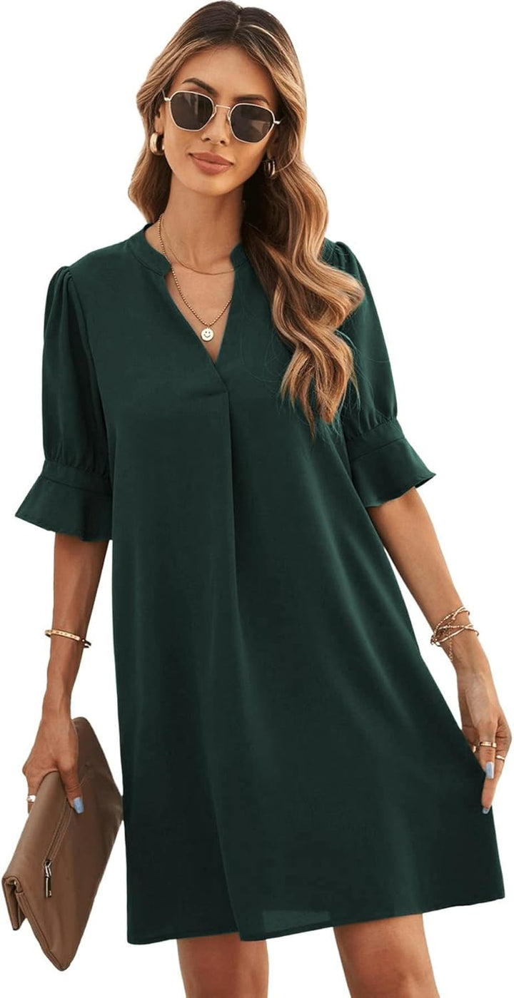 Famulily Frauen V-Ausschnitt Halbarm Hemdkleid Elegant Sommer Casual Einfarbig Kurzes Kleid S-XXL M