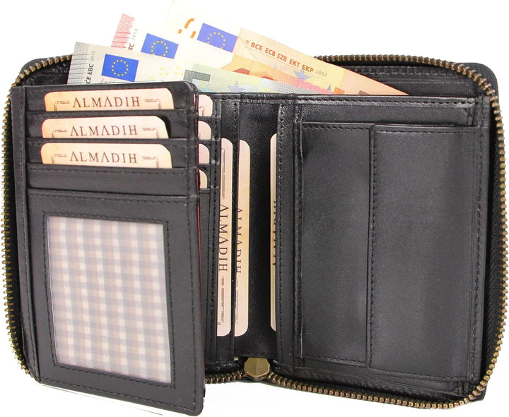 ALMADIH Leder Portemonnaie RFID Schutz Hochformat mit Reissverschluss 13 Kartenfächer Rindsleder mit