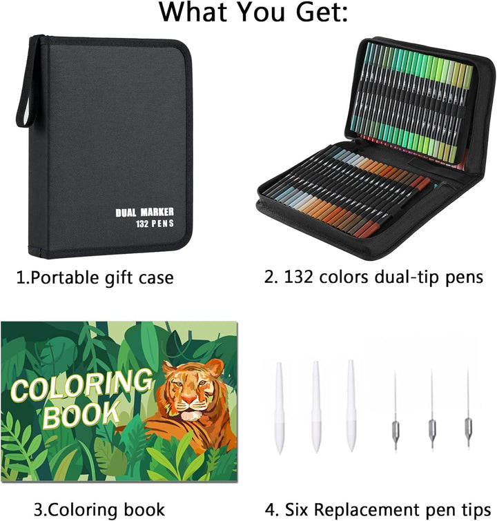 TrendGate Dual Brush Pen Set, 132 Farben Fineliner und Pinselstifte Set, Doppel Filzstifte Dicke und