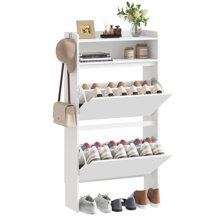 Asgolion Schuhschrank 2 Klappen, Schuhregal, offenes Fach, Schuhkommode Schuhregal mit Trennwände ve