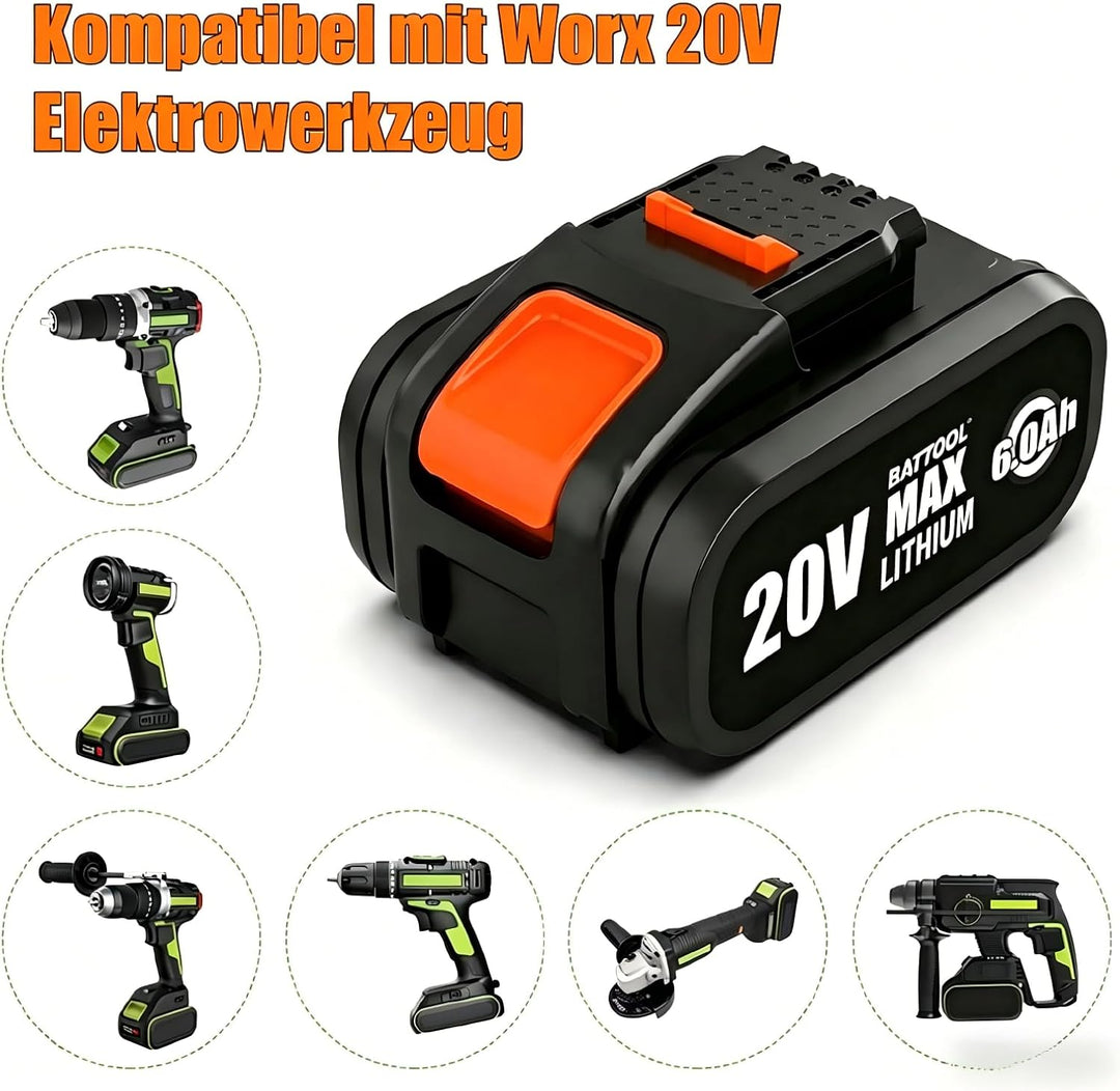 BATTOOL 2 Stück 6,0Ah Ersatzakku für Worx 20V Akku Elektrowerkzeuge Schwarz 6.0, Schwarz 6.0