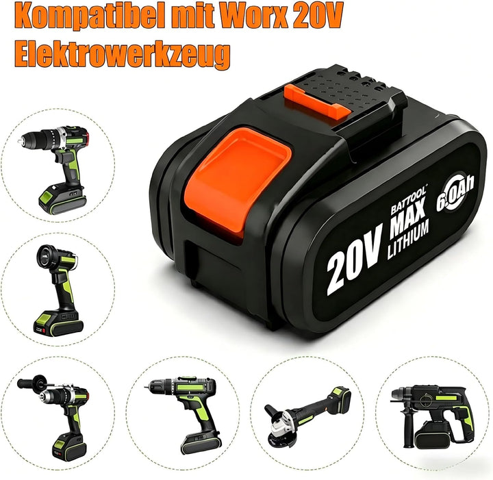 BATTOOL 2 Stück 6,0Ah Ersatzakku für Worx 20V Akku Elektrowerkzeuge Schwarz 6.0, Schwarz 6.0