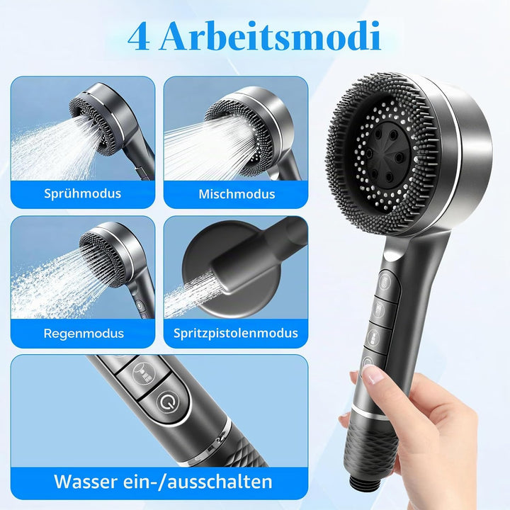 Duschkopf mit Filter, Hochdruck Handbrause mit 1.5 M Schlauch, Brausekopf Dusche, 4 Strahlarten, Dus