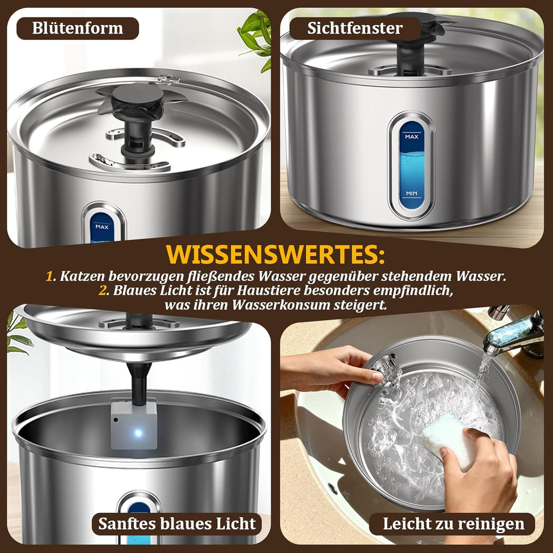 Katzenbrunnen Edelstahl 3,2L/112oz Trinkbrunnen für Katze mit Wasserbrunnen, Vierfach-Filtersystem,