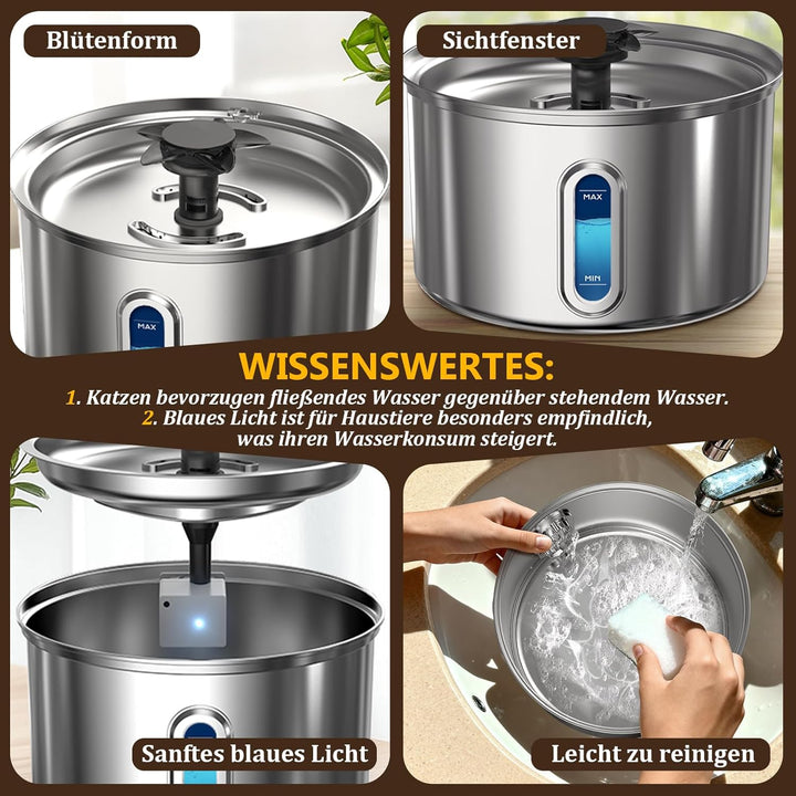 Katzenbrunnen Edelstahl 3,2L/112oz Trinkbrunnen für Katze mit Wasserbrunnen, Vierfach-Filtersystem,