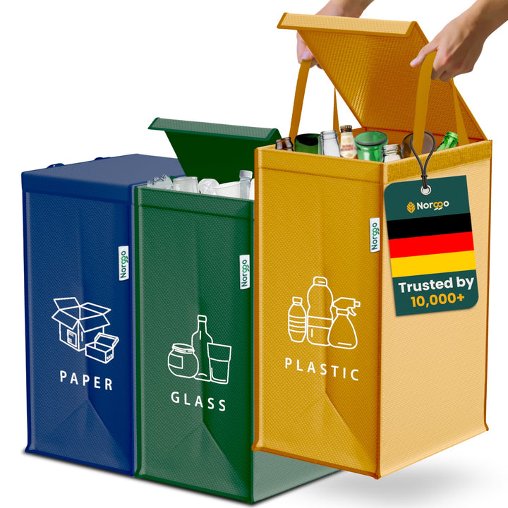Mülltrennsystem 3fach – Set aus 3 Mülltrennsysteme für Plastik, Papier und Glas – Recycling Behälter