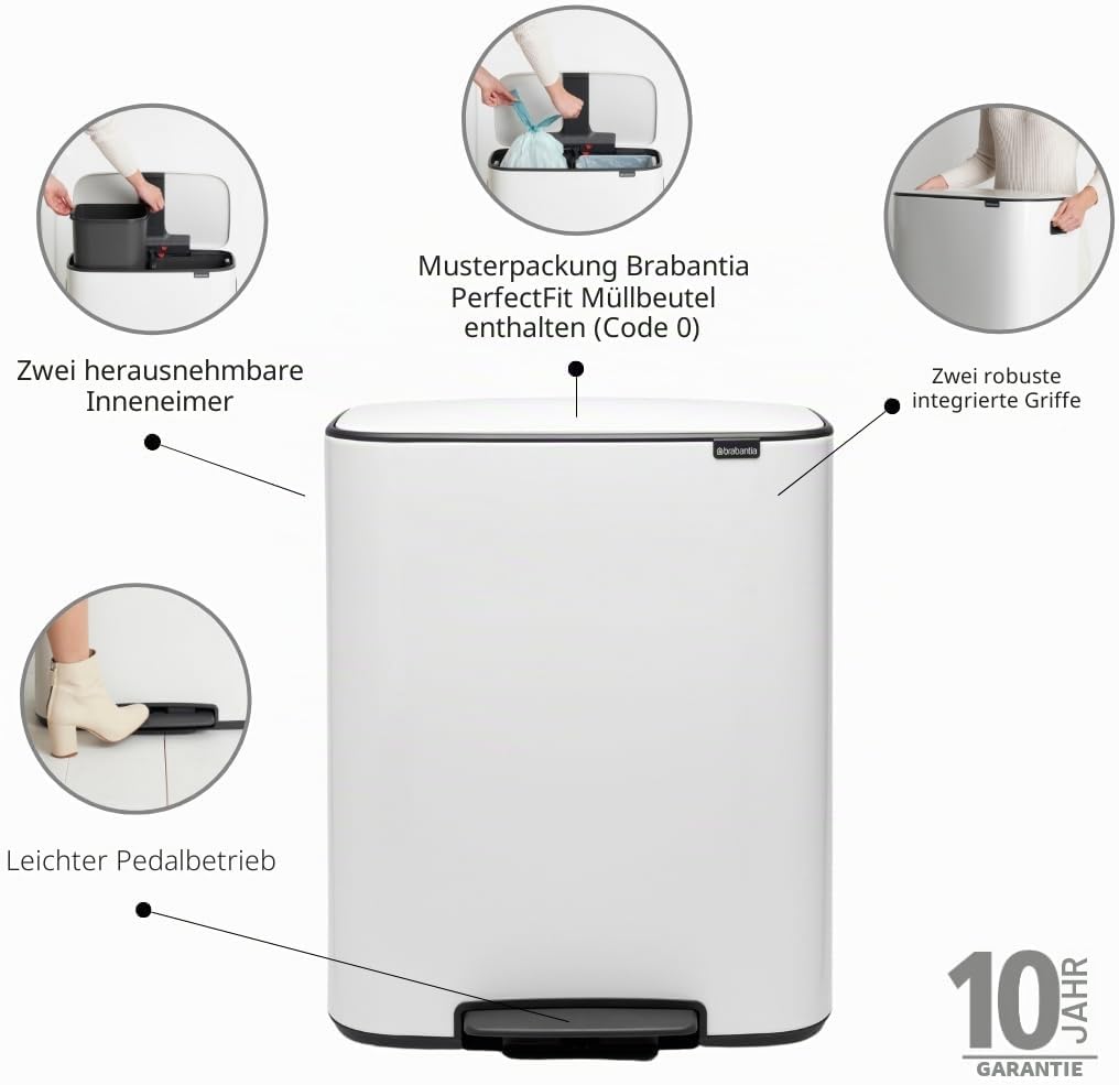 Brabantia 211447 Treteimer Bo, 2 x 30L, Weiss 2 Inneneimer (2 x 30L) White, 2 Inneneimer (2 x 30L) W