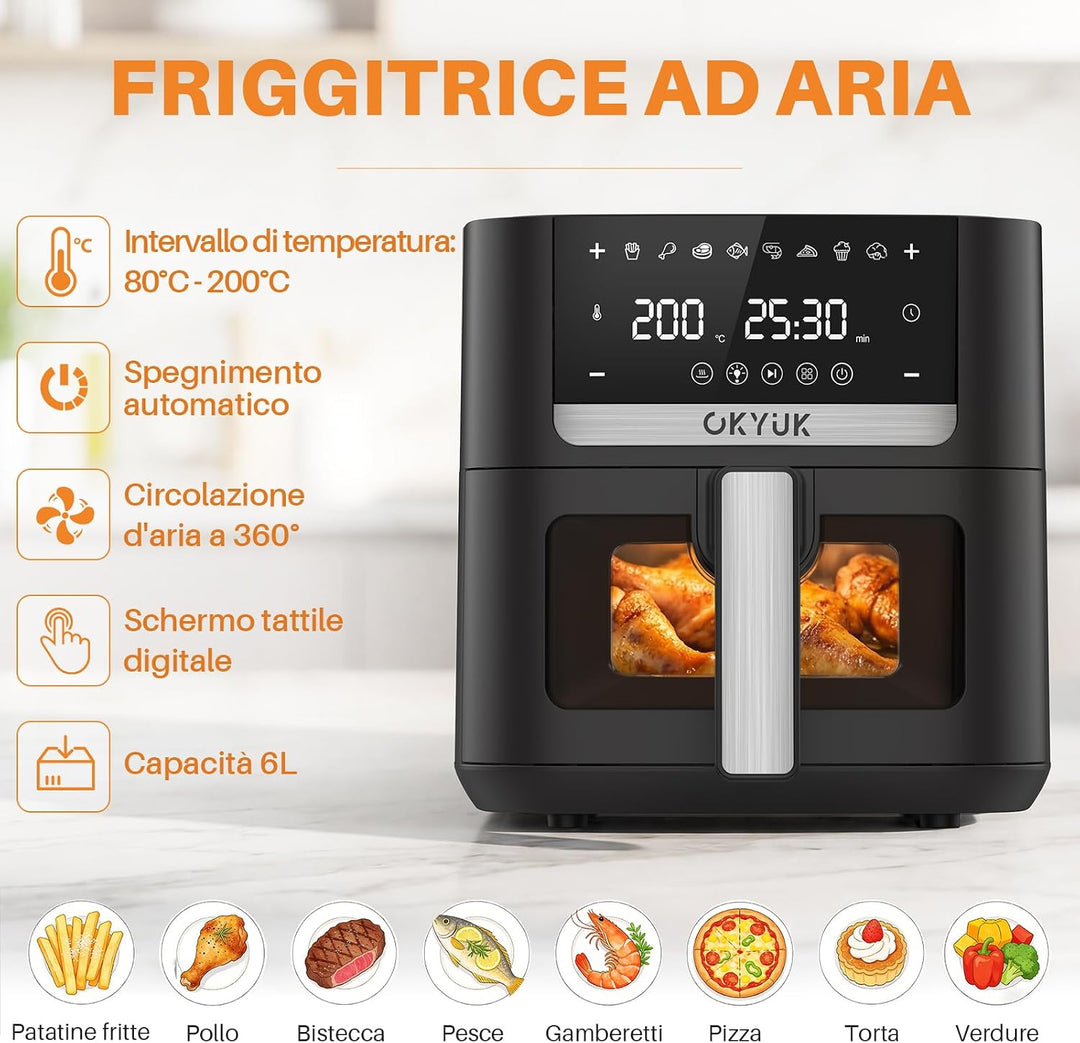 OKYUK Heissluftfritteuse 6L Airfryer mit Sichtfenster - 1200W Friteuse ohne Öl mit Heissluftfriteuse