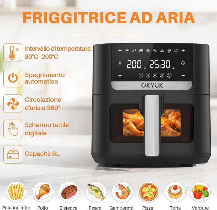 OKYUK Heissluftfritteuse 6L Airfryer mit Sichtfenster - 1200W Friteuse ohne Öl mit Heissluftfriteuse