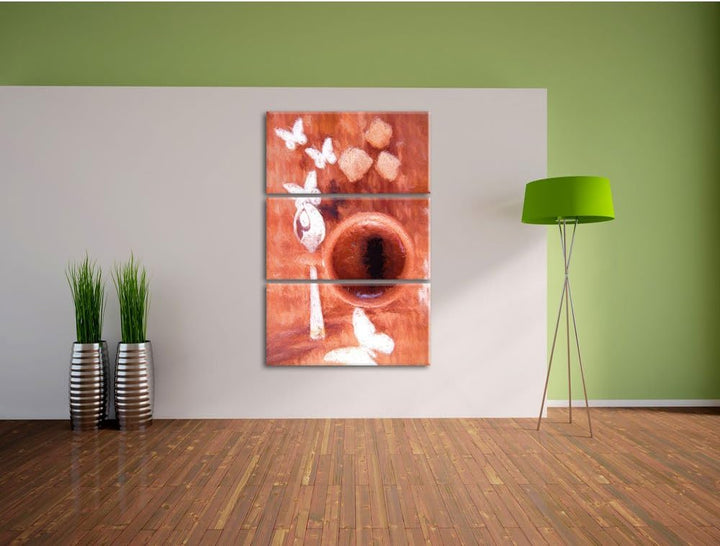 Pixxprint Kaffeetasse mit Schmetterlingen Bunstift Effekt 3-Teiler Leinwandbild 120x80 Bild auf Lein