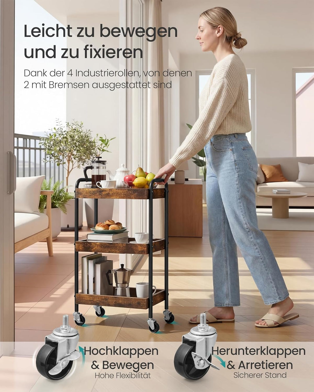SONGMICS Rollwagen, Servierwagen, Küchenwagen, Küchenregal mit Griffen, einfacher Aufbau, für Schlaf