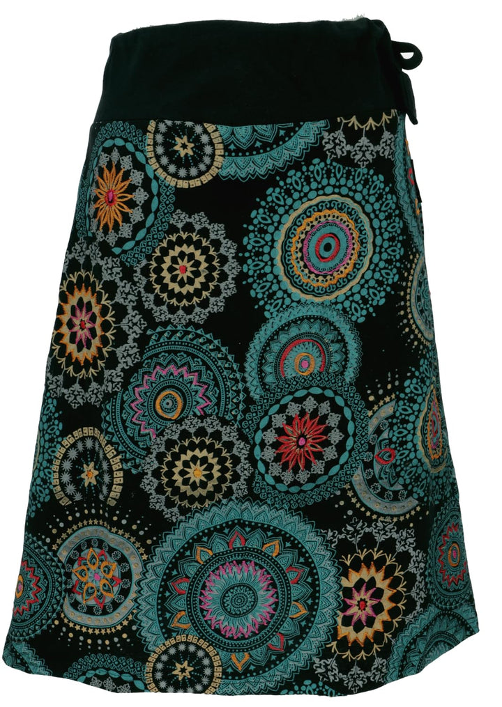 GURU SHOP Bestickter Knielanger Rock, Chic, Retro Mandala - Schwarz, Damen, Baumwolle 38 Petrol, 38