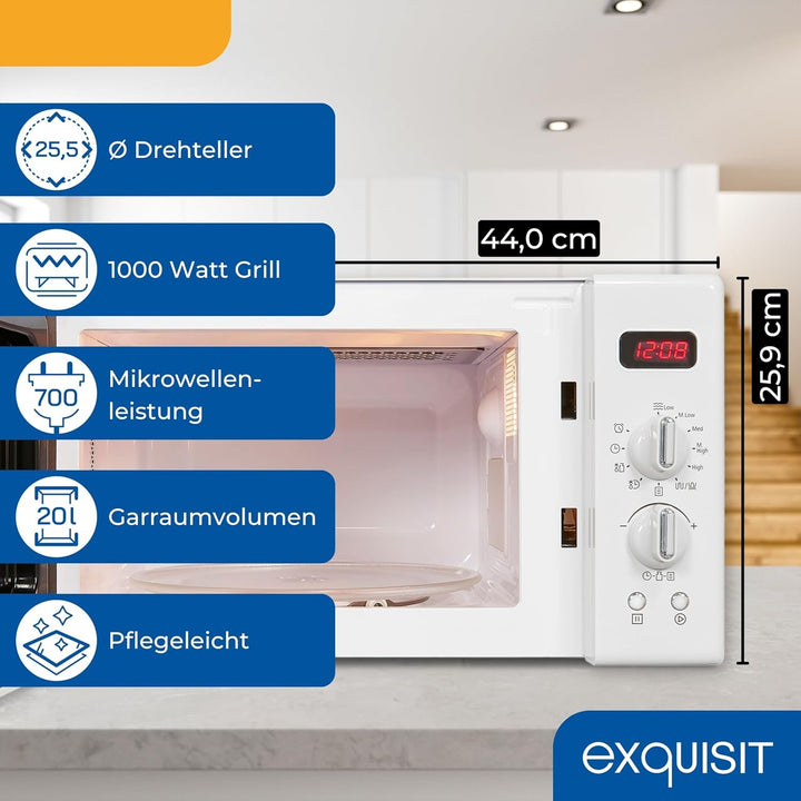 Exquisit Retro-Mikrowelle 700 Watt, 25,5 cm Drehteller, 1000 Watt Grill, 20L, 5 Leistungsstufen, Tim