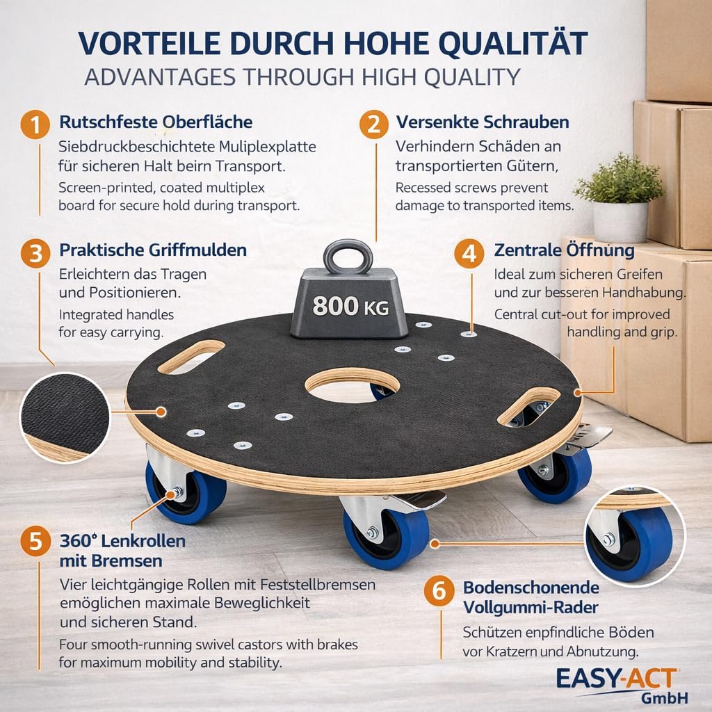 Möbelroller Rollbrett Rund Multiplex Holz 800 kg Tragkraft - Schwerlast Transportroller mit Feststel