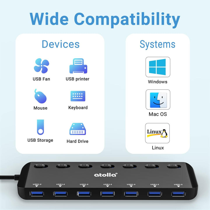 USB HUB, atolla USB Verteiler mit 7 USB3.0 Ports, Mehrfach USB 3.0 Daten Hub mit 100cm Erweitert Kab