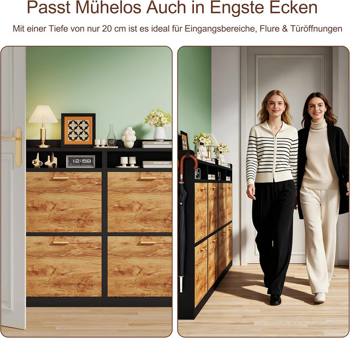 Schuhschrank mit 4 Klappen 20 cm Ultradünn,bis Grösse EU59 Passen, Schuhregal Schmaler aus Holz mit