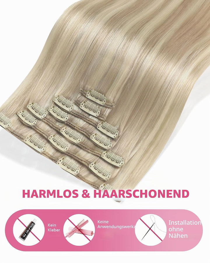 YoungSee Echthaar Extensions Clip Blond Doppelt Tressen Clip in Extensions Echthaar Aschblond mit Pl