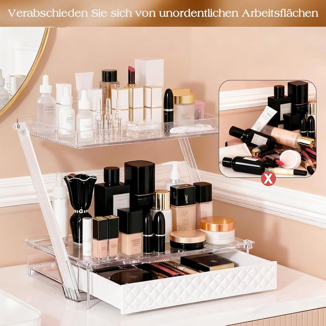 DEANIC 2-stöckiger Schminktisch Organizer aus Acryl mit Schublade & Schiebetablett – Make-up Organiz