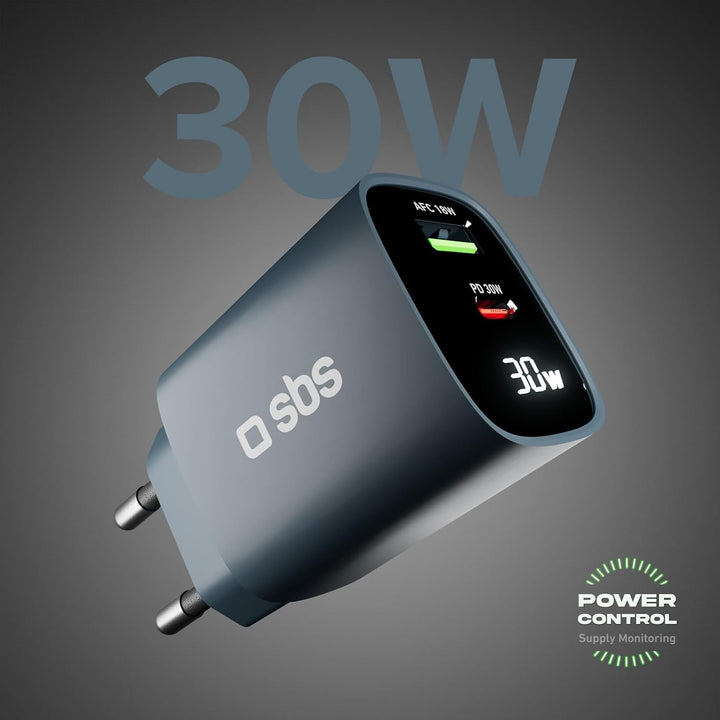 SBS Mehrport-Ladegerät 30W mit LCD, 1 USB-C-Anschluss und 1 USB-A-Anschluss, EU-Stecker, Power Deliv