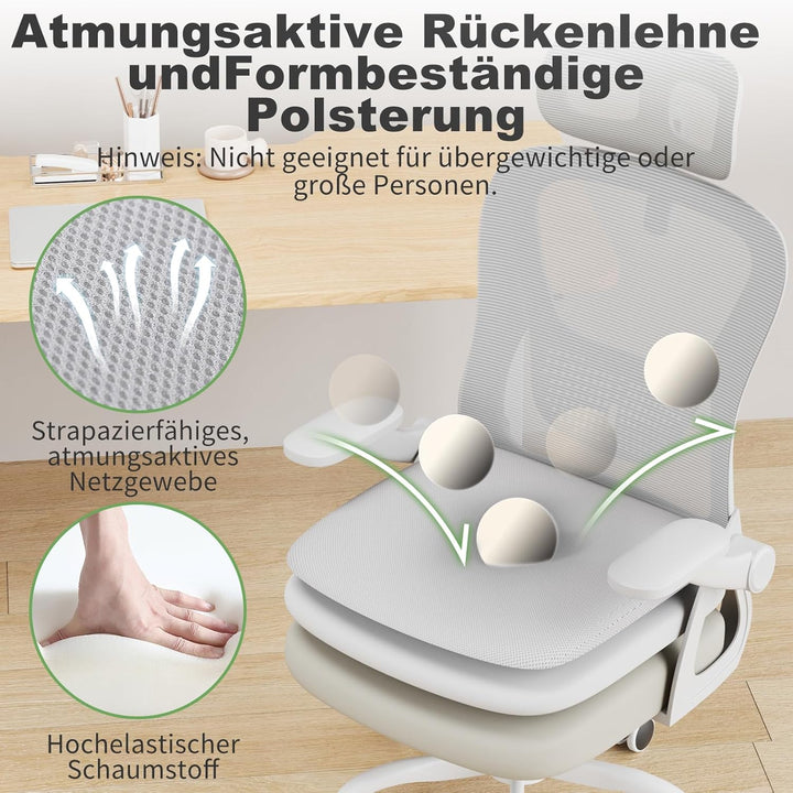rattantree Bürostuhl, Schreibtischstuhl mit Hochklappbaren Armlehnen, Kopfstütze und Rückenlehne, Kl