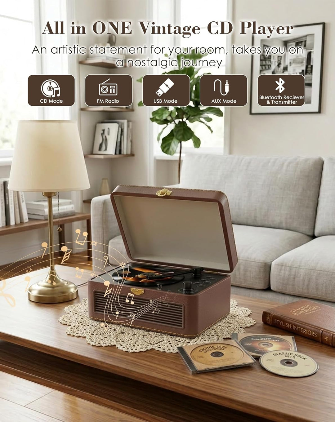 Tragbar CD Player Bluetooth Retro Radio mit CD-Player mit Lautsprecher Unterstützung USB & AUX-Wiede