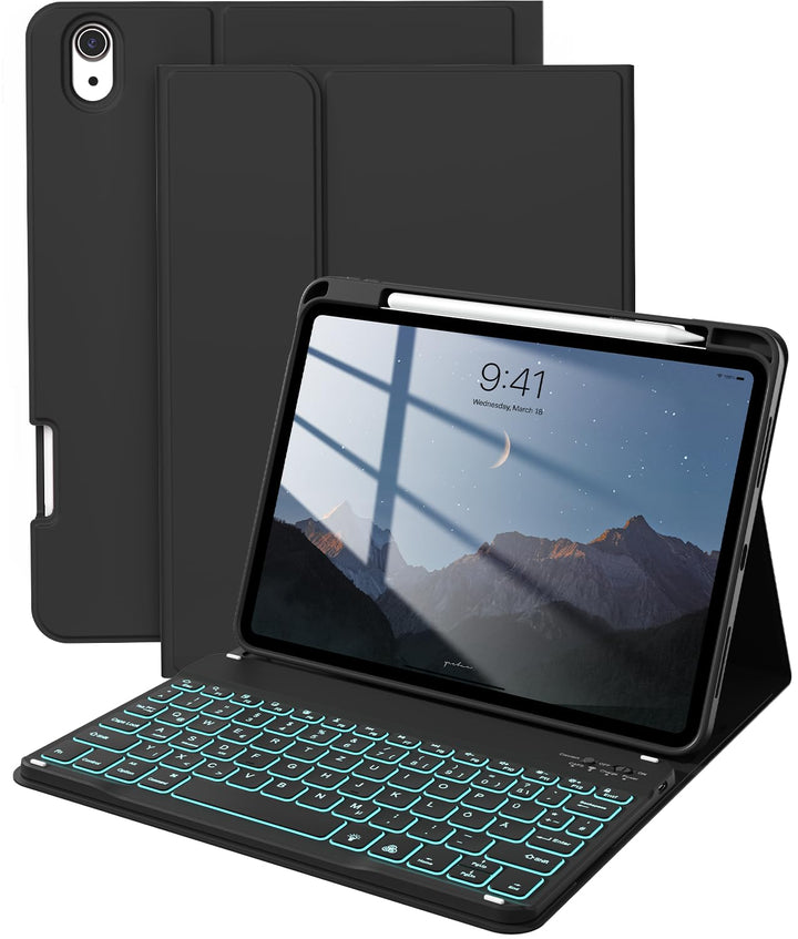Hülle mit Tastatur für iPad A16 11/10 Generation (2025/2022,Schwarz | 7-Farben Beleuchtung Magnetisc