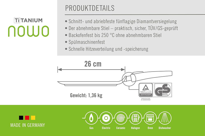 Woll 1226 N Antihaft-/ Crepe Pfanne ,26 cm flach mit abnehmbarem Stiel inklusiv
