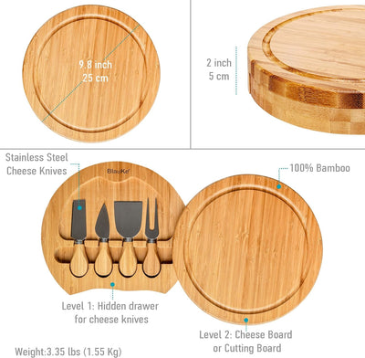 Bambus Käsebrett mit Käsemesser Set – 25cm Rund Servierplatte aus Holz für Käse und Häppchen – Chees