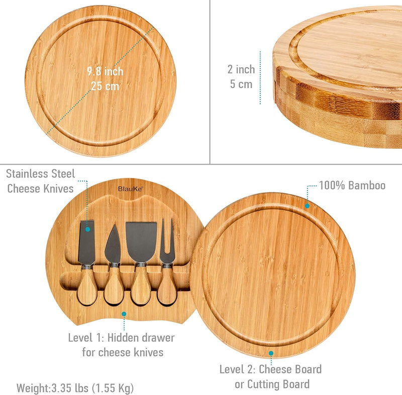 Bambus Käsebrett mit Käsemesser Set – 25cm Rund Servierplatte aus Holz für Käse und Häppchen – Chees