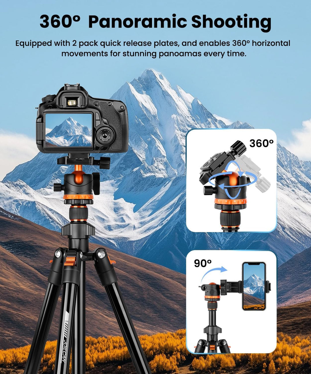JOILCAN Aluminium Kamera Stativ, 168cm Robustes Reisestativ mit 360° Panorama Kugelkopf & Handyhalte