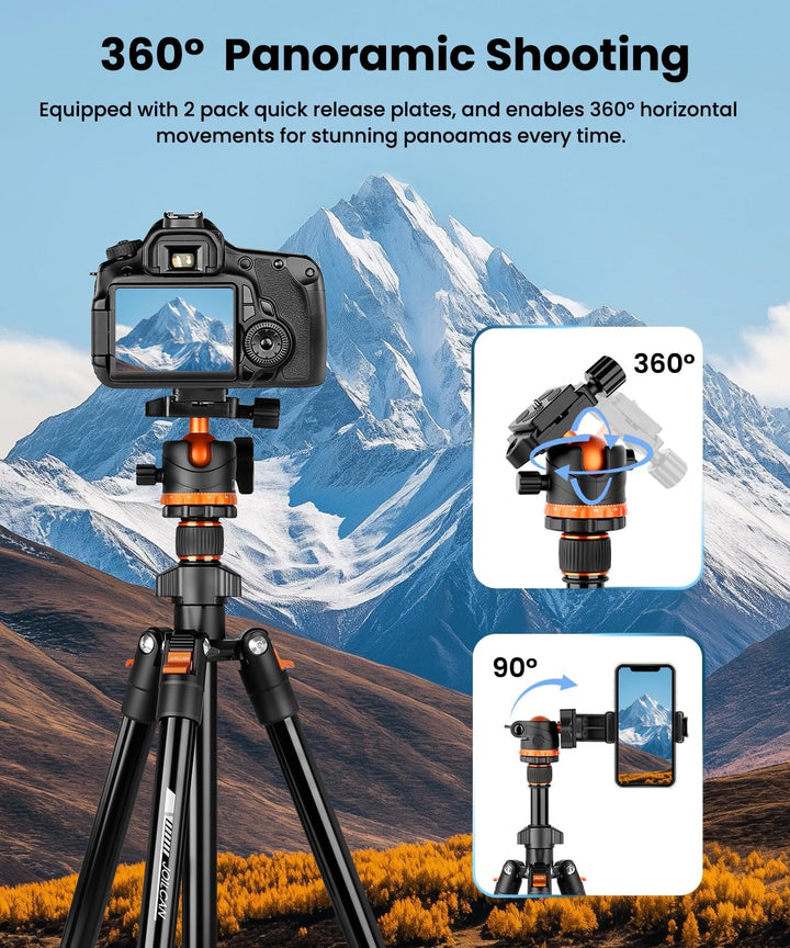JOILCAN Aluminium Kamera Stativ, 168cm Robustes Reisestativ mit 360° Panorama Kugelkopf & Handyhalte
