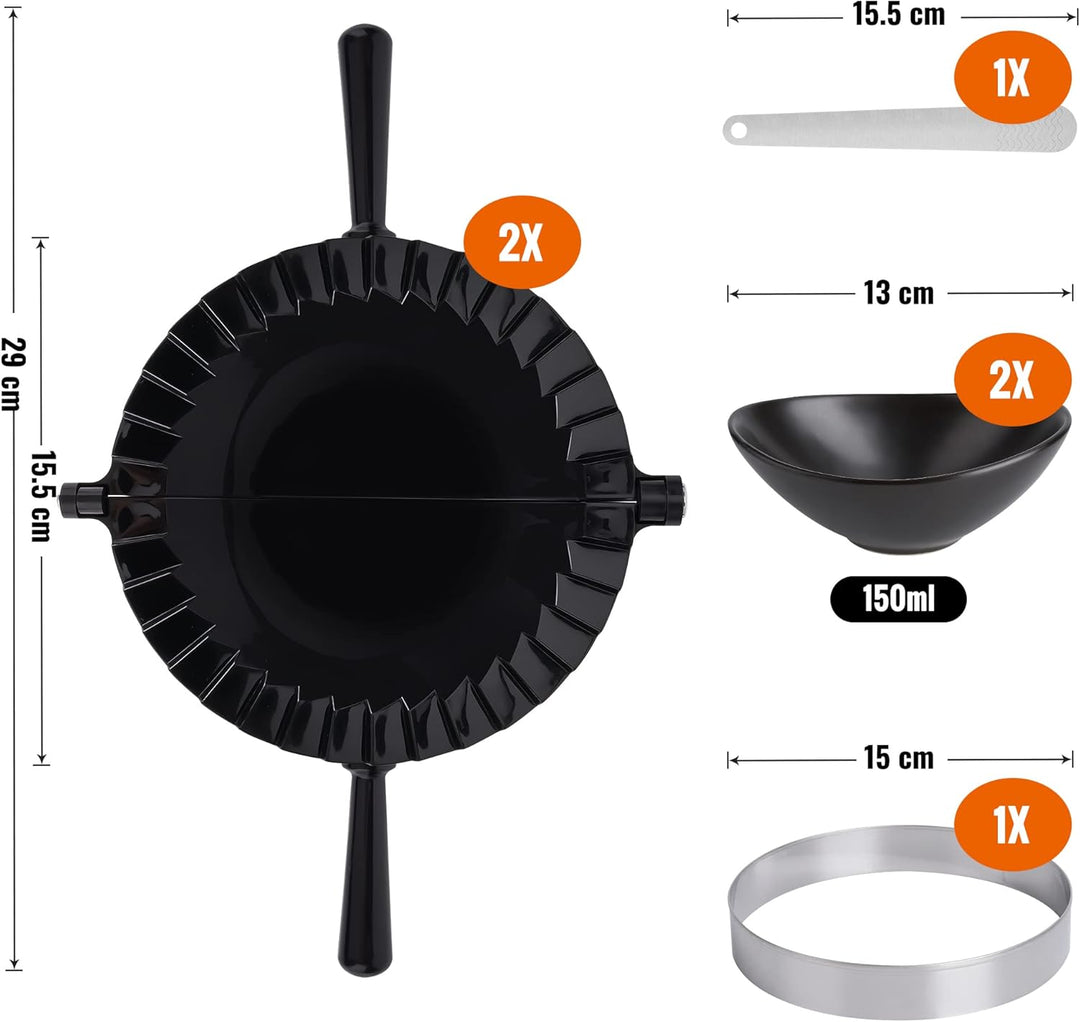 Tortillada – Empanadas Maker Formen 15,5 cm/Empanada Form Presse Set 7 teilig inkl. Rezeptbuch, Dips