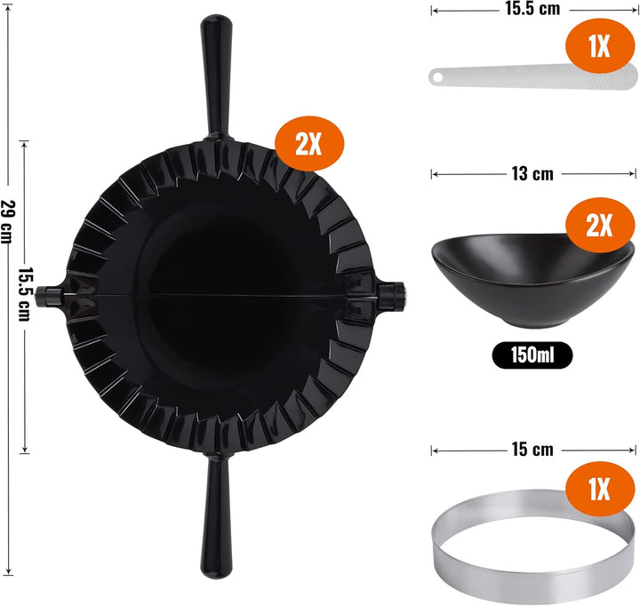 Tortillada – Empanadas Maker Formen 15,5 cm/Empanada Form Presse Set 7 teilig inkl. Rezeptbuch, Dips