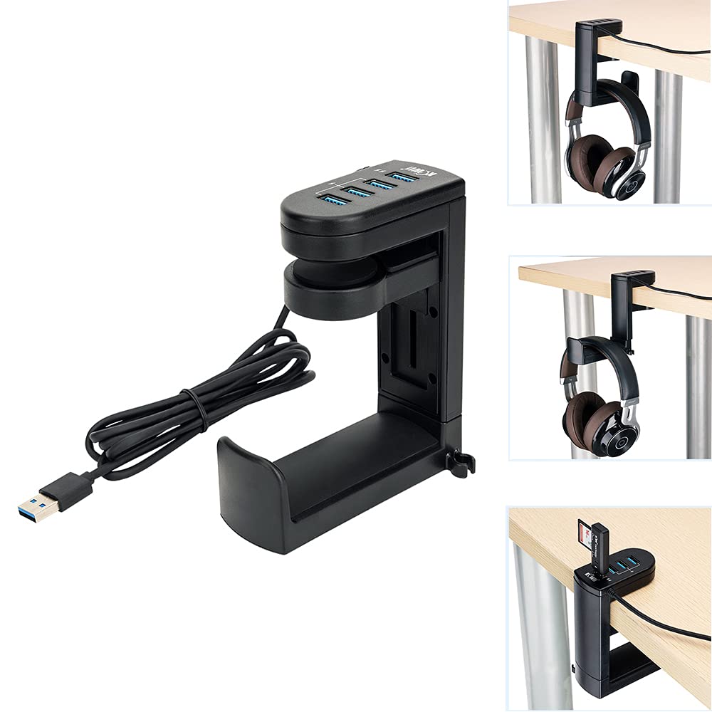 KIWIFOTOS Kopfhörerständer mit USB-Hub, Untertisch-Headset-Aufhänger mit 4 USB-Anschlüssen (1 USB 3.