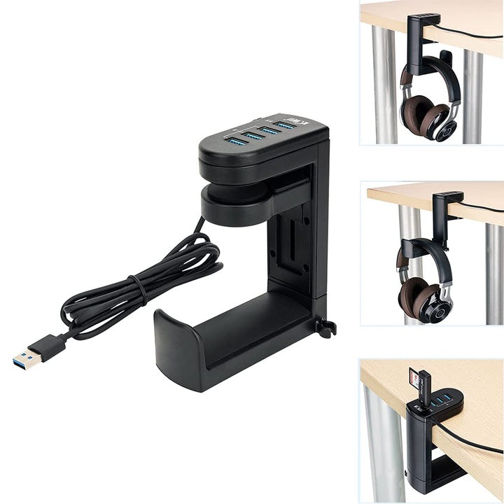 KIWIFOTOS Kopfhörerständer mit USB-Hub, Untertisch-Headset-Aufhänger mit 4 USB-Anschlüssen (1 USB 3.