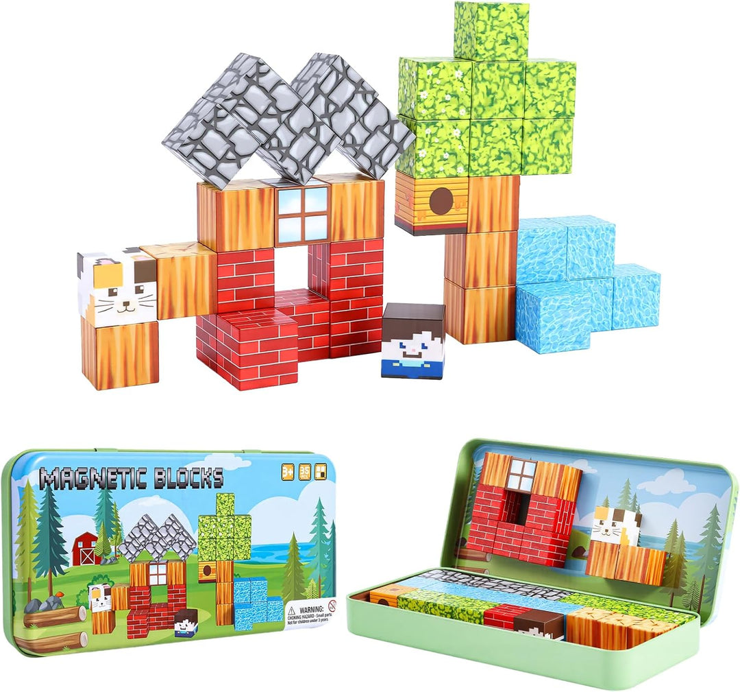 MEESHEEP Magnetbausteine 35 Teile, Waldmotiv mit Metallbox – Reisegeeignetes Flugzeug- & Autospielze