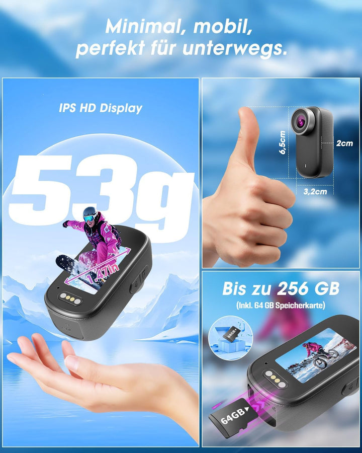 Mini Action Cam 4K NEU Upgraded, Body Cam mit 64GB SD Karte, Wasserdicht 30M, 180 Min Akkulaufzeit,