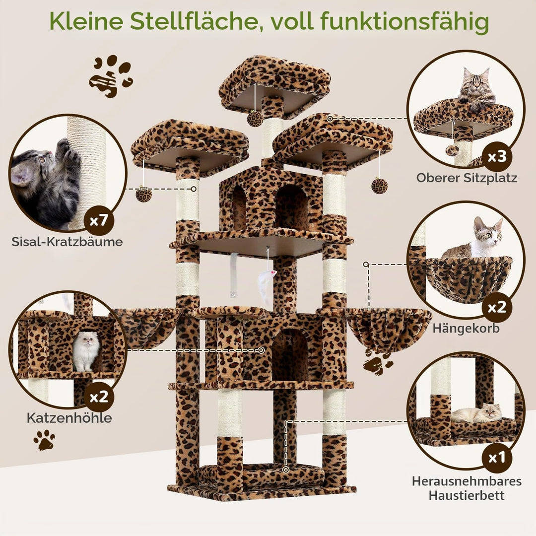 Globlazer Kratzbaum Leoparden Stabil 174 cm mit 3 Gepolsterte Sitzstangen, 2 Katzenhaus, 2 Korb, Abn