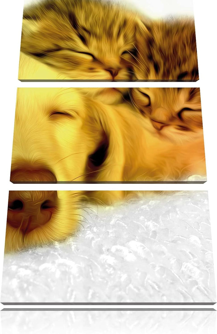 Pixxprint Welpe kuschelt mit süssen Kätzchen als Leinwandbild/Grösse: 3 Teilig (120x80) cm/Wandbild/
