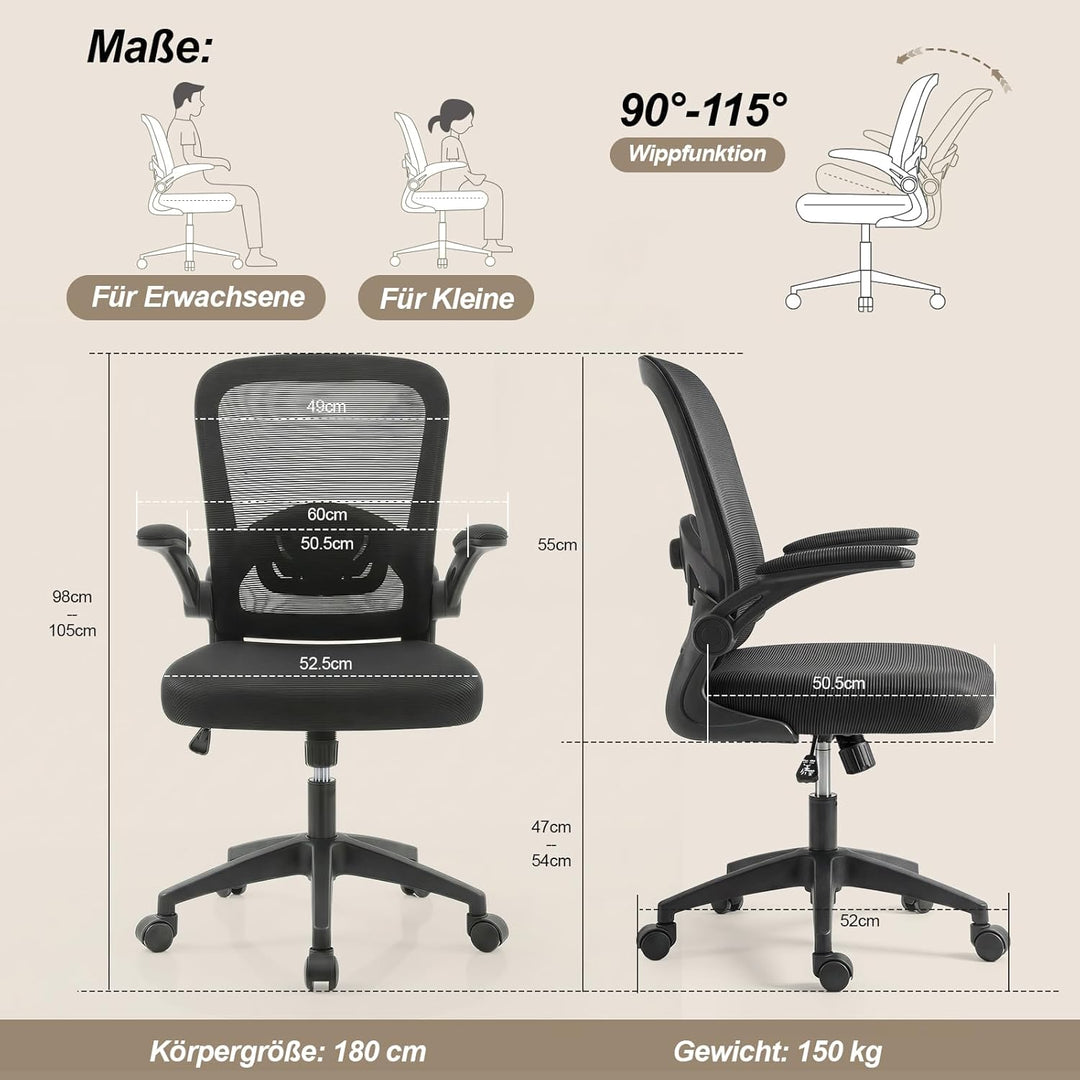 Bürostuhl Ergonomisch mit 4D Verstellbarer Lordosenstütze und Atmungsaktivem Mesh, Ergonomischer Sch