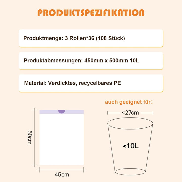Selbstreinigende Katzentoilette Müllsack Katzentoilettenbeutel mit Zugbändern, 3 Rollen*36 (108 Stüc